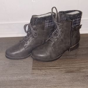 Brand new boots , charcoal gray never been worn sweater material at the top